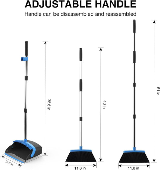 NACENA Broom and Dustpan Set, 52-in Long Adjustable Handle Broom Dustpan Combo with Dustpan Teeth to Automatically Clean Hair Suitable for Home Kitchen Office Hall Floor(Black&Red)