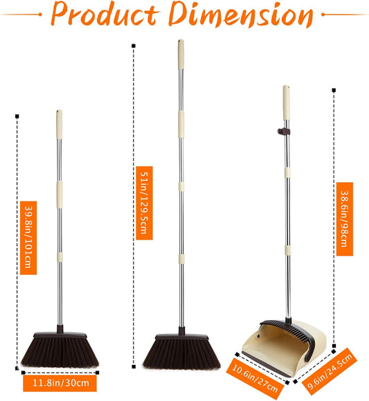 Broom and Dustpan Combo Set, Long Handle and Standing Dust Pan with Comb Teeth, Efficient Floor Cleaning for Kitchen, Outdoor, Dorm, Apartment, Office Lobby (Pink Gray)