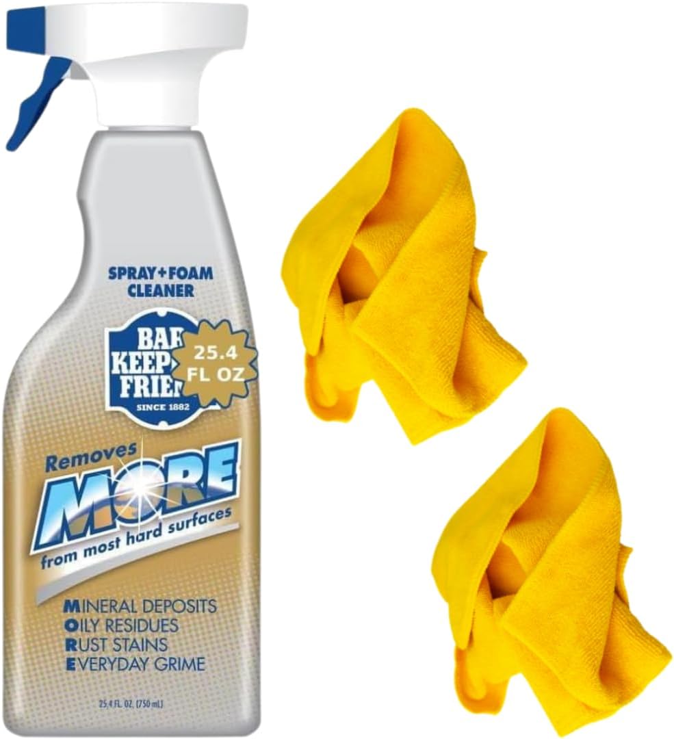 Bar-Keeper's-Friend -More-Spray-Foam-Cleaner + 2 Yellow Microfiber Towels – Hard Water Stain Remover