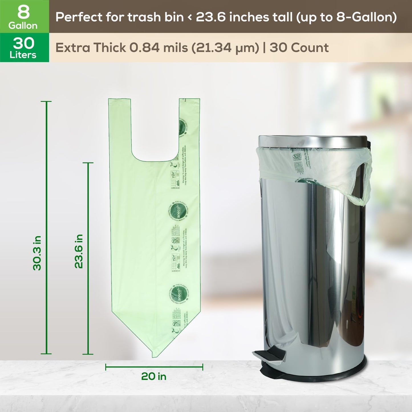(Include 10 Bonus Bags) ANECO 100% Compostable Waste Bags 2.6 Gallon, Extra Thick Kitchen Small Compost Bags for Countertop Bin, 110 Count (100 + 10 Extra)