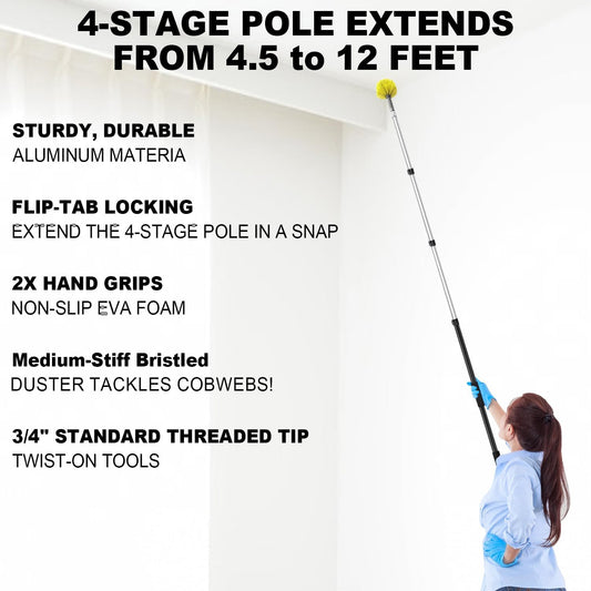 ARTIPOLY 4-12ft Cobweb Duster with Extension Pole, 20 Foot High Reach Feather Dusters with Bristles for Cleaning Outdoor Indoor, 4-Stage Spider Web Remover with Telescopic Pole for Ceiling Wall Yellow