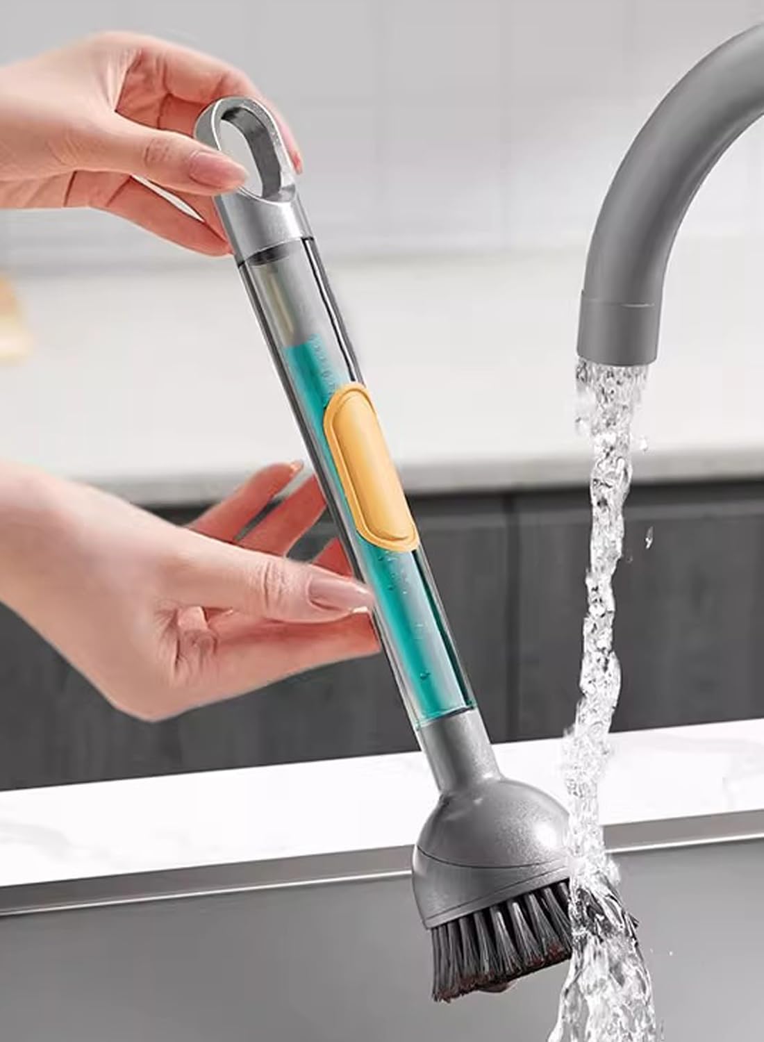 Soap Dispensing Dish Brush Storage Set with 360° Rotating Head, Kitchen Brush with 2 PCS Different Brush Heads & 3 PCS Sponges, Dish Brush Set with Handle for Dishes, Sink, Pans, Pots.