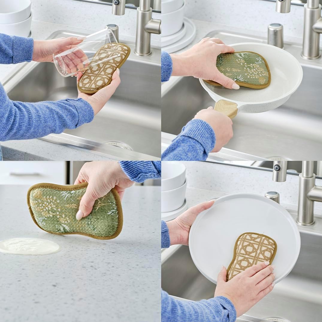 Kitchen Herbs Scrubby Sponges – 4 Pack Non-Scratch Dish Cloths, Ultra Absorbent Waffle Weave Cleaning Towels, Reusable & Machine Washable, 3.94" x 6.3