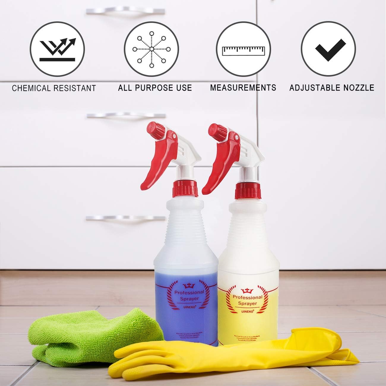 Uineko Plastic Spray Bottle (4 Pack, 24 Oz, All-Purpose) Heavy Duty Spraying Bottles Leak Proof Mist Empty Water Bottle for Cleaning Solution Planting Pet with Adjustable Nozzle and Measurements