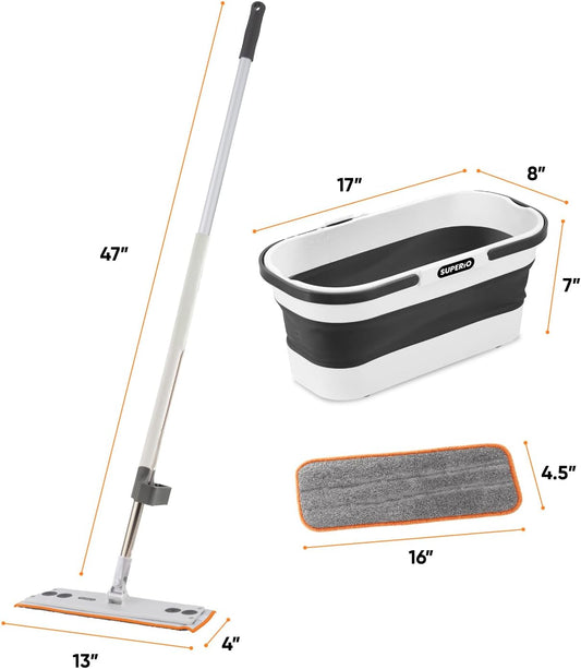 Superio Fold N' Go 10L Collapsible Mop Bucket with Wheels, Self-Wringing Microfiber Flat Mop & 8"x4.5" Reusable Pad - Portable, Hands-Free Cleaning Set for Home & Outdoor Use