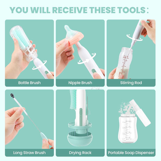 Electric Bottle Brush Cleaner,Rechargeable Baby Bottle Cleaning kit with Formula Mixer, Silicone Nipple&Straw Brush, Soap Dispenser, Drying Rack-IPX7 Waterproof,Long Battery Life for Home & Travel
