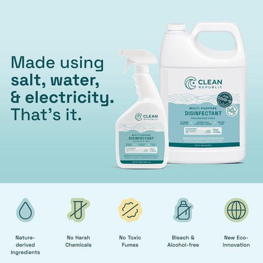 Clean Republic Multi-Purpose Disinfectant, Hypochlorous Acid Cleaning Spray, 32 Fluid Ounce Bottle, 2-Pack