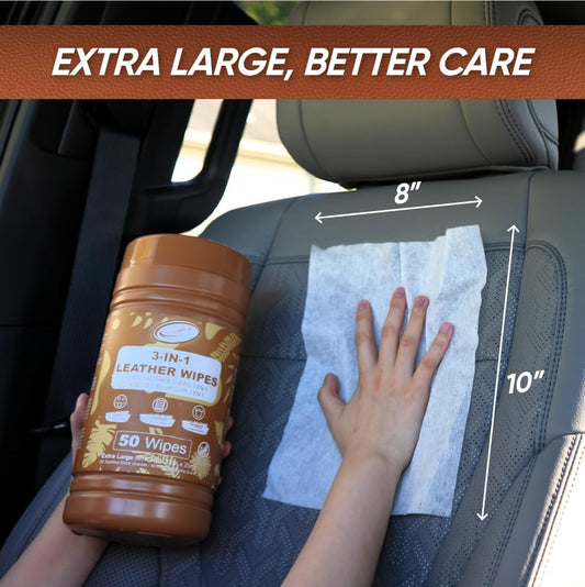 Air Jungles 3in1 Leather Wipes 50 Count, Extra Large 8" x 10" Size, Clean Condition Protect Wipes for Leather Car Seat, Furniture Couch, Shoes Boots Bags Purse Apparel