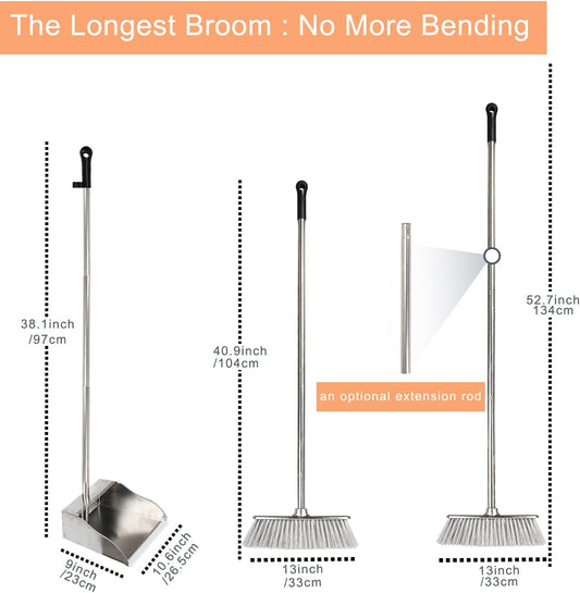 Broom and Dustpan Set,Soft Bristles Indoor Kitchen Broom with Stainless Steel Dustpan ,Metal Dust Pan,Silvery White, Suitable for Ceramic Tiles, Solid Wood, Composite Flooring