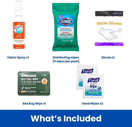 Travel Cleaning Supplies Kit - Travel Size Cleaning Supplies For Hotels, Bathrooms with Gloves, Surface Wipe, Fabric Cleaner, Air Cleaner, Hand Wipes, Bed Bug Wipes