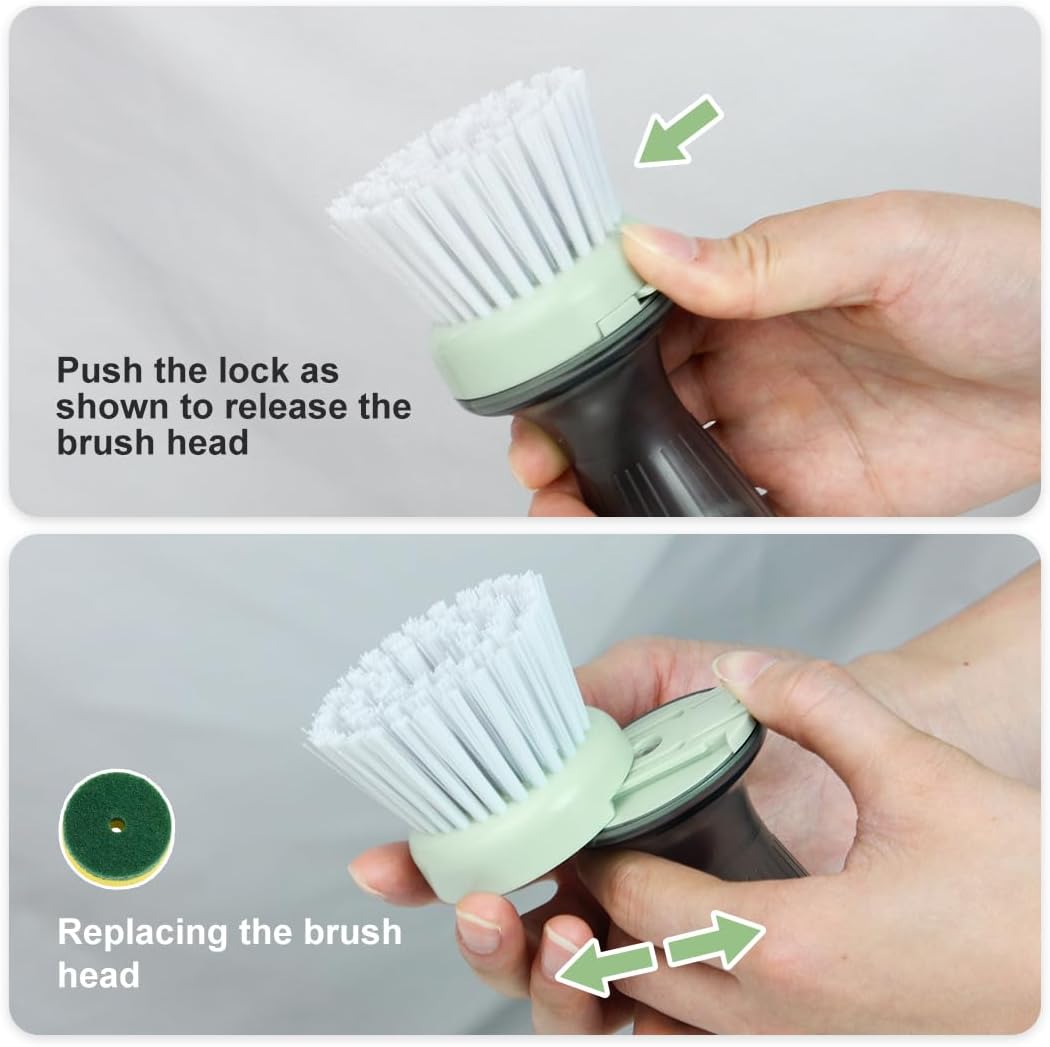 CQT Dish Brush with Soap Dispenser – One-Press Suds, Built-in Scrubbing Pad, Non-Slip Handle for Pots, Pans & Non-Stick Cookware – Includes 2 Refill Heads