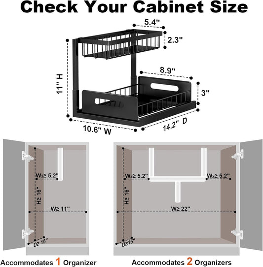 REALINN Under Sink Organizer, L-Shaped 2 Tier Pull Out Cabinet Organizer for Kitchen and Bathroom, Slide Out Under Cabinet Storage, Metal Under Sink Storage with Sliding Drawer, 50 lbs, Black 2 Pack