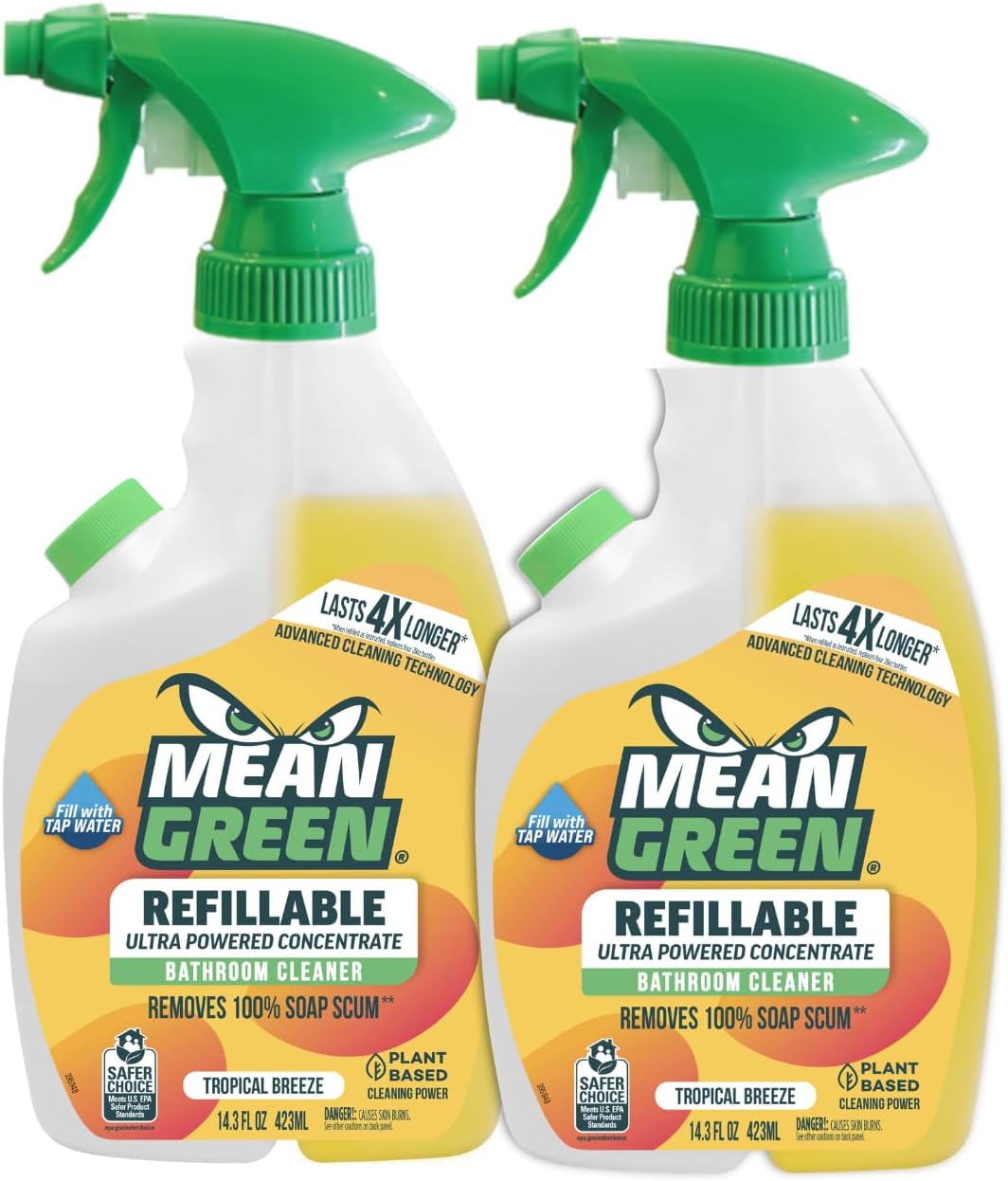 Mean Green Refillable Ultra Powered Bathroom Cleaner Concentrate, Tropical Breeze, 14.3 fl oz – Plant & Mineral Based, Removes 100% of Soap Scum, Refillable Bottle Makes 4X Refills