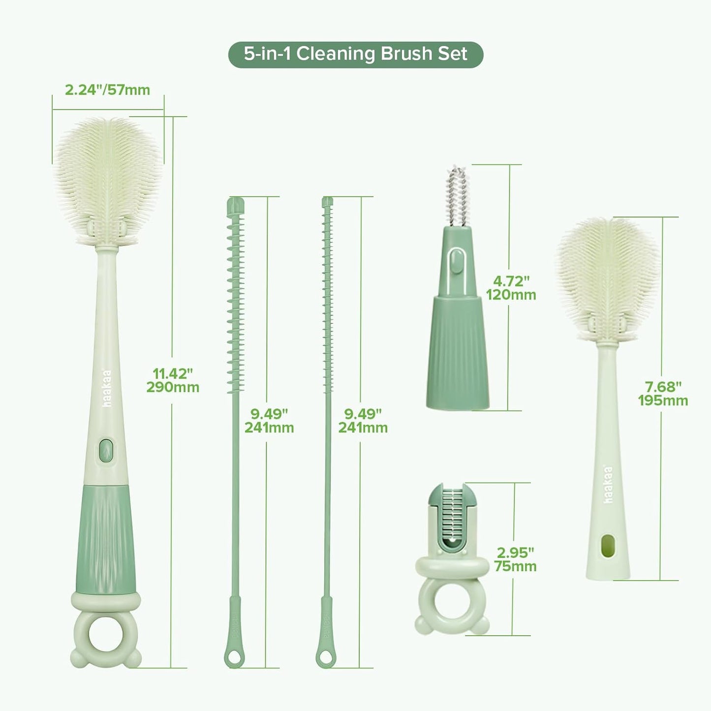 Haakaa 5-in-1 Cleaning Brush Set – Baby Bottle Brush & Bottle Brush Cleaner, Multi-Purpose 360° Comprehensive Cleaning for Breast Pumps, Breast Milk Collector, Baby Bottles, Nipples ,Straw – Portable