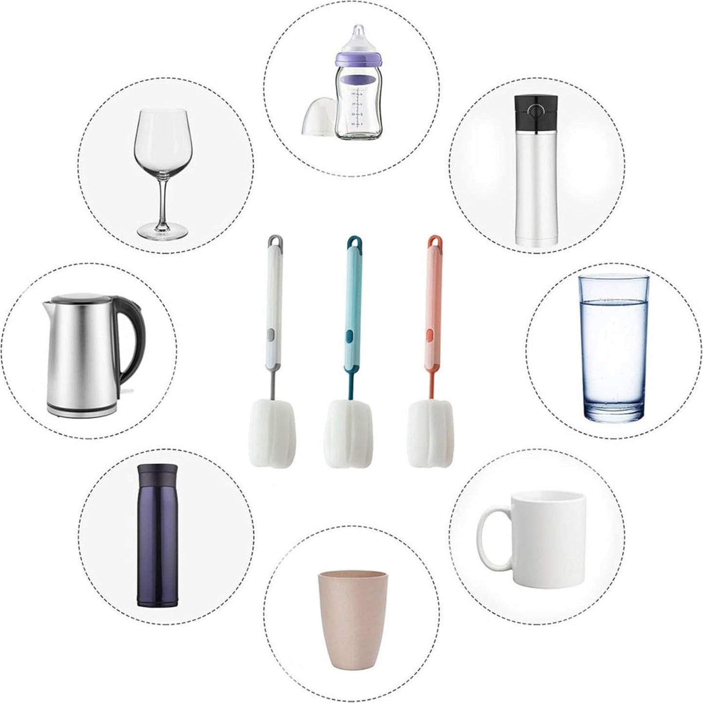 Bottle Brush Long Handle Cup Cleaner Brush Sponge Bottle Scrubber Detachable Handle Portable Sponge Cleaning Brush for Cups Wine Glasses Water Bottles Baby Bottles and Vacuum Flasks(3 PCS)