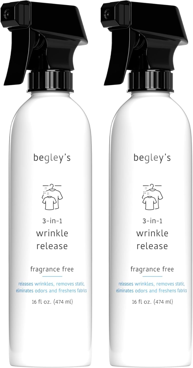 Begley's 3-in-1 Wrinkle Remover, Quick Fix Wrinkle Release, Static Cling Remover, Odor Eliminator and Fabric Refresher Spray - USDA Certified Biobased - Fragrance-Free, 3 oz Travel Size