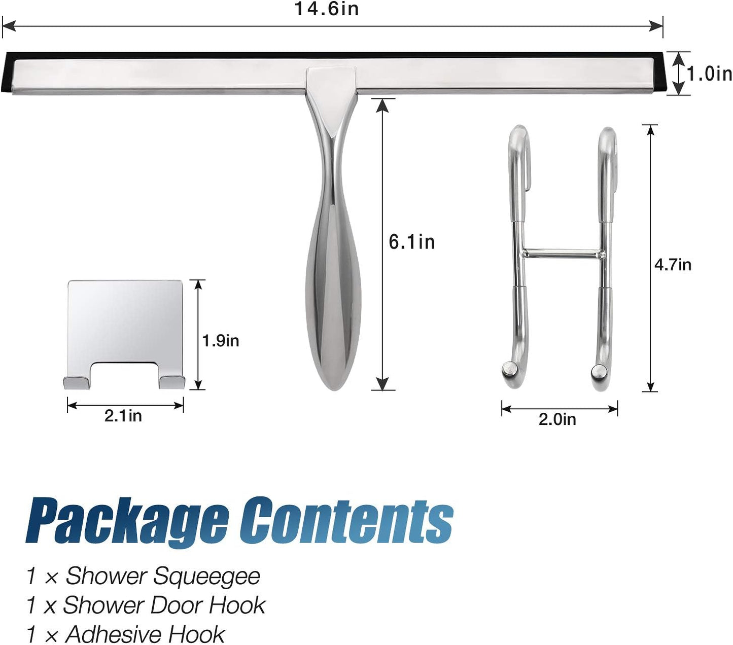 Simtive 12-Inch Shower Squeegee Set, Includes Shower Door Hook and Adhesive Hook, Squeegee for Shower Doors, Mirror and Window, Silver