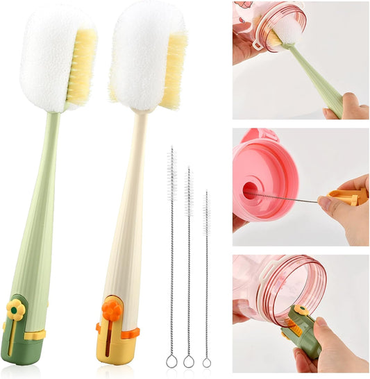 5 in 1 Bottle Cleaning Brush Set, Multifunctional Kitchen Lid Brush Cleaning Tool and Straw Cleaner, Long Handle Bottles Scrubber for Cup Lids, Hard Bristle Sponge Head Bottle Brushes