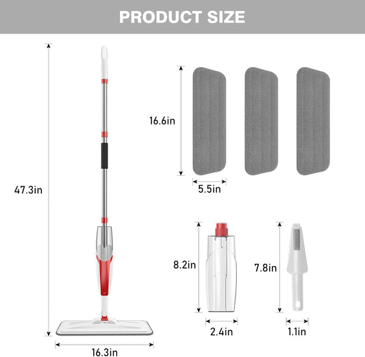 nacena Spray Mop for Floor Cleaning, Dust Mop with 420 ml Refillable Bottle and 3 Pcs Washable Pads Dry Wet Floor Mop for Household or Commercial Use for Hardwood Laminate Tile Ceramic, Red&White