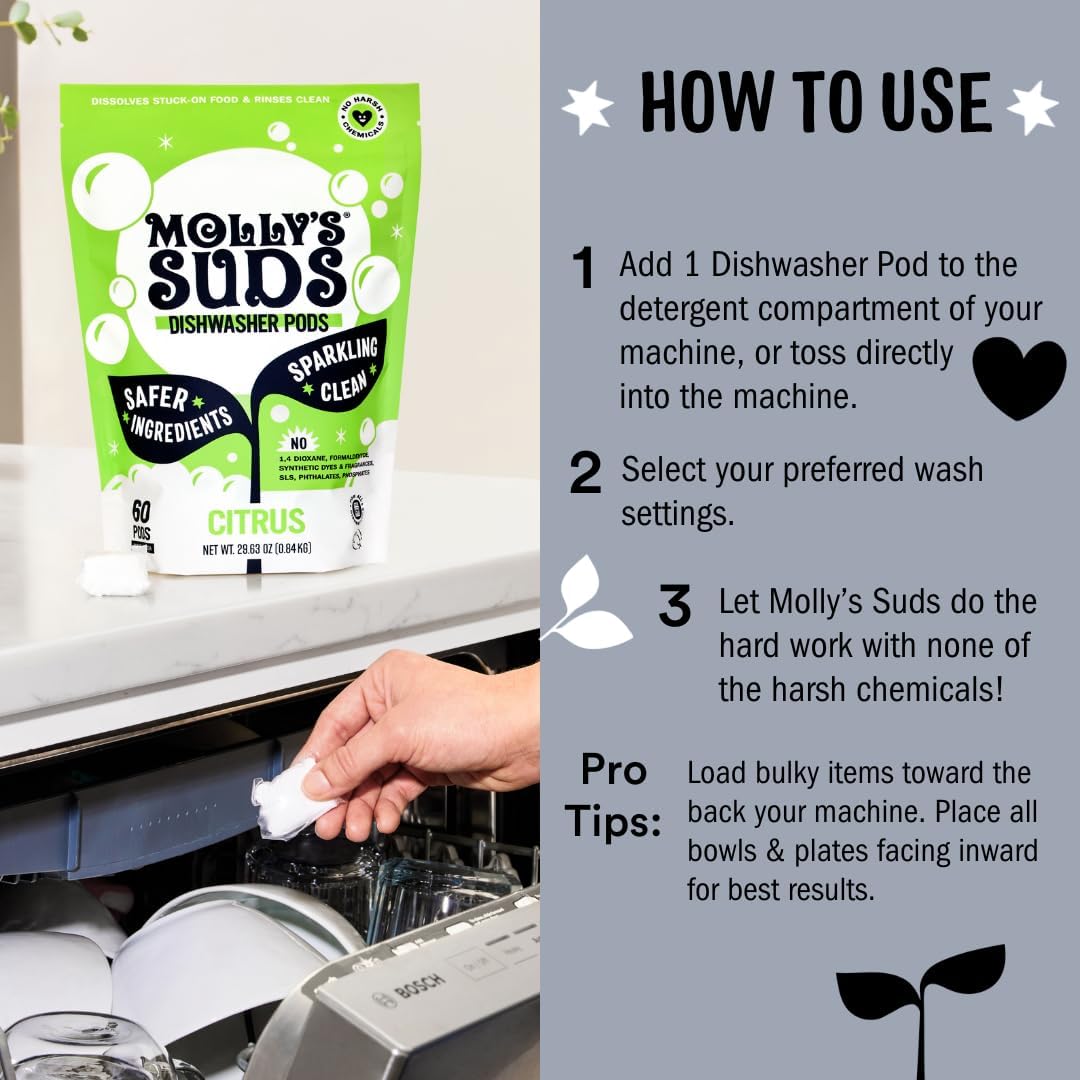 Molly's Suds Dishwasher Pods | Clean Dishwasher Detergent, Cuts Grease & Rinses Clean (Residue-Free) for Sparkling Dishes | 120 Auto-Release Tabs (Citrus)