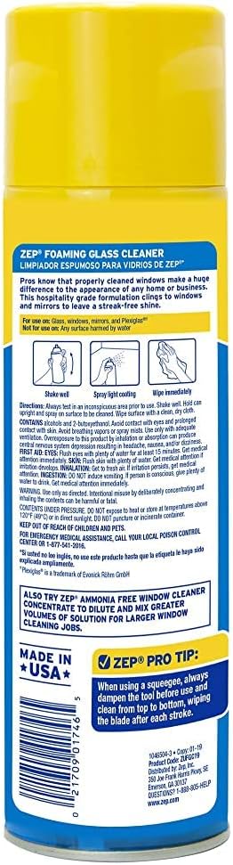 Zep Foaming Glass Cleaner - 19 oz (Case of 12) ZUFGC19 - Streak-Free Professional Grade Formula that Dissolves Dirt, Fingerprints and Grime on Glass, Mirrors, Windows and Plexiglas in Home, Business,