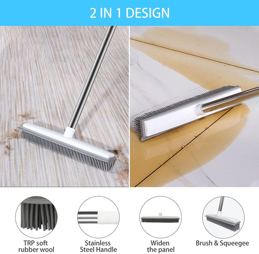 Push Broom Pet Hair Removal Broom with Squeegee, Soft Silicone Bristle Broom with 47" Adjustable Long Handle, Non Scratch Carpet Sweeper Brush for Cat/Dog Hair Hardwood Tile Windows