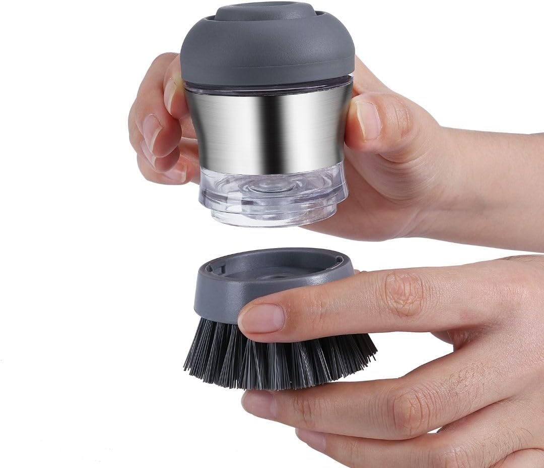 Steel Soap Dispensing Palm Brush - Pack of 2 - Kitchen Dish Scrub Brush