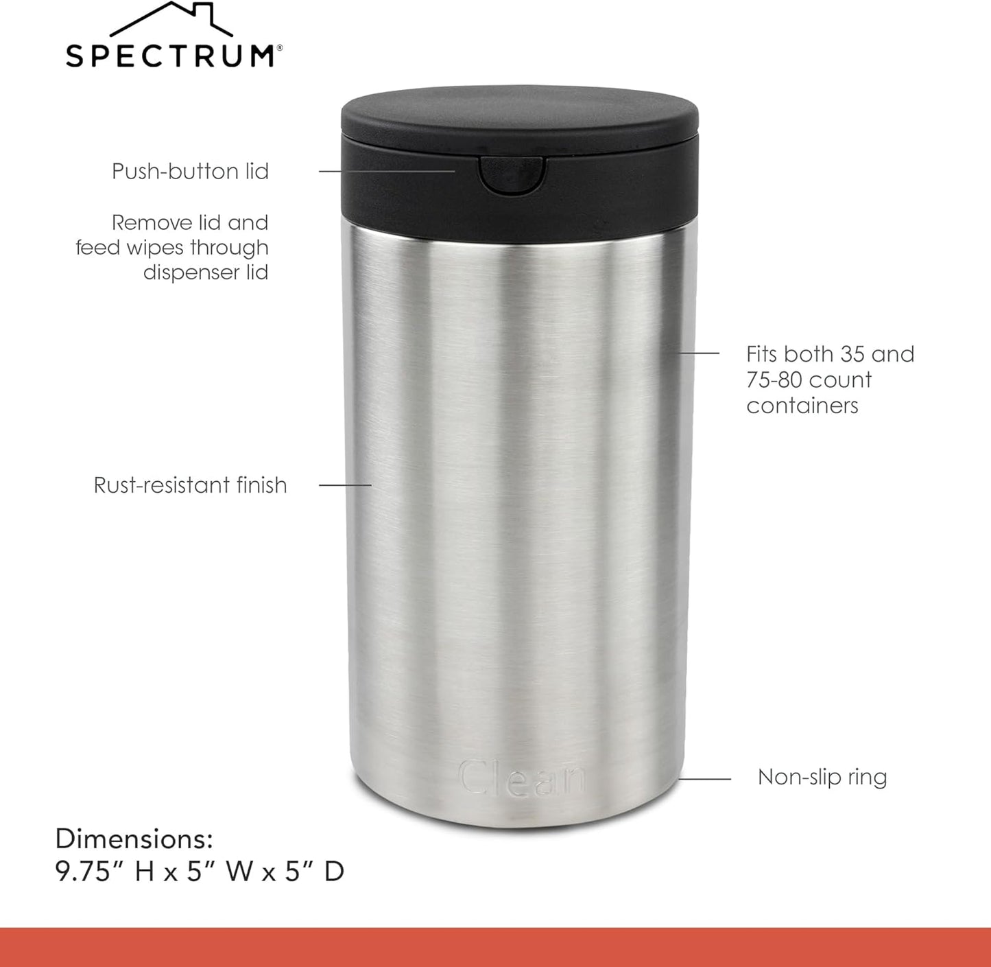 Spectrum Disinfecting Wipes Container Large Satin Nickel Refillable Stainless Steel Wipe Holder for Bathroom Kitchen Classroom, Reuseable Push Button Wet Wipe Dispenser for Cleaning Countertop