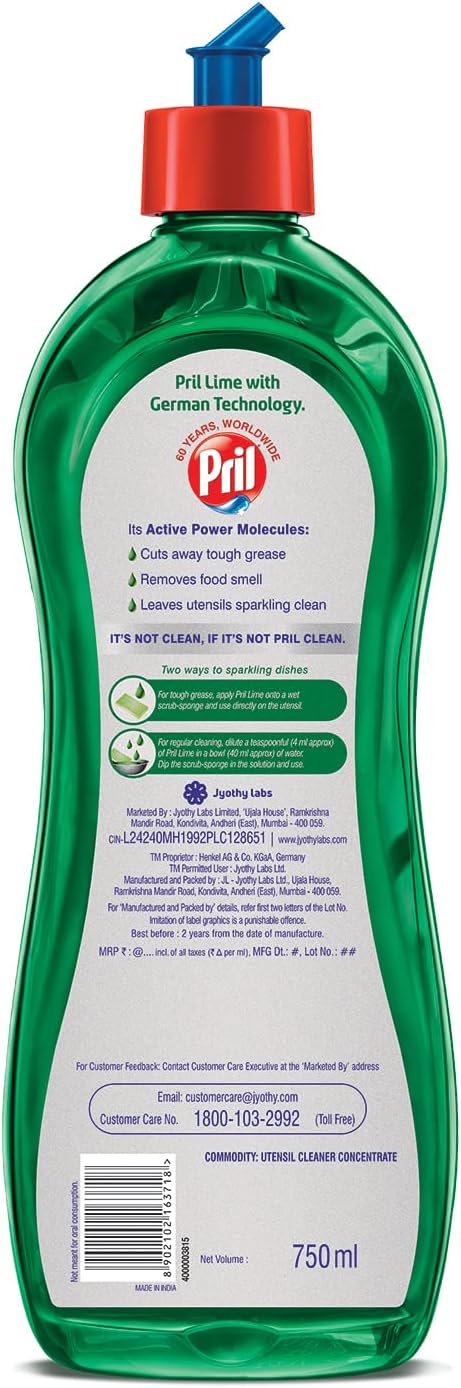 Pril Lime Liquid Dishwash Gel - 750ml | Dish Cleaning Liquid Gel with German Technology - Active Power Molecules Leaves No Residue, Grease Cleaner For All Types of Utensils