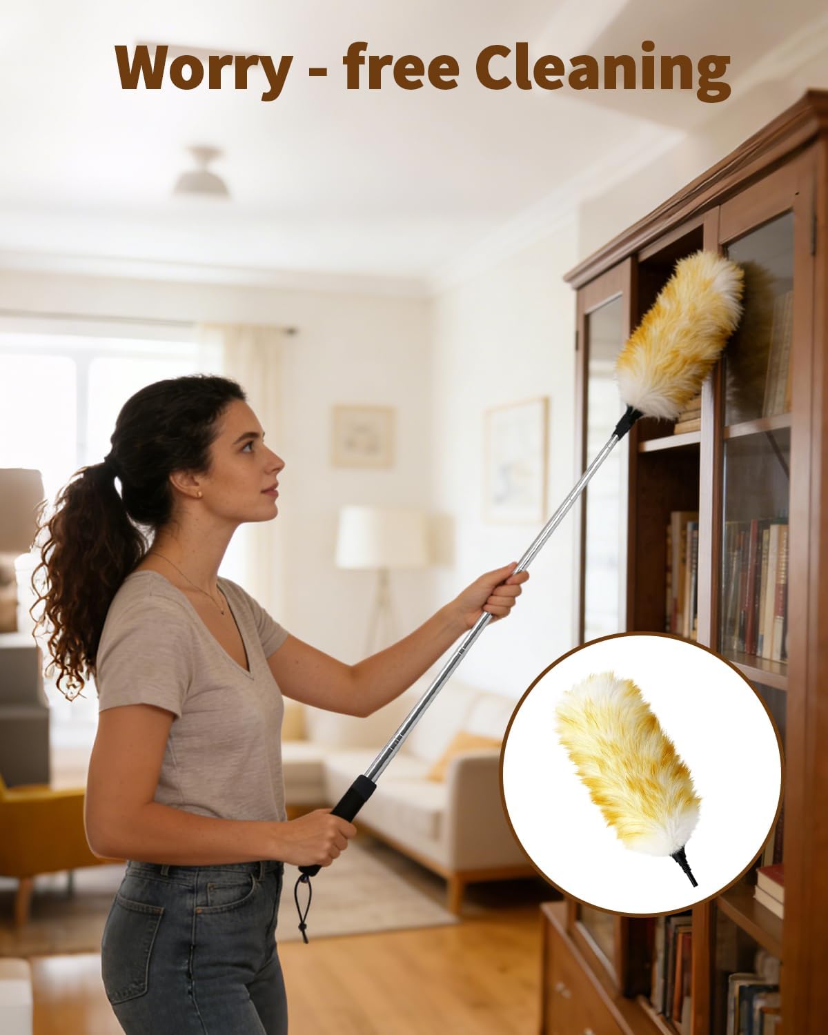 Extendable Ostrich Feather Duster with Bonus Wool Feather Duster Head - Natural Fluffy Non-Slip Handle Feathers Dusters for Cleaning Ceiling Fans, Blinds, Roof Dusting, High Surfaces (18-48 in)