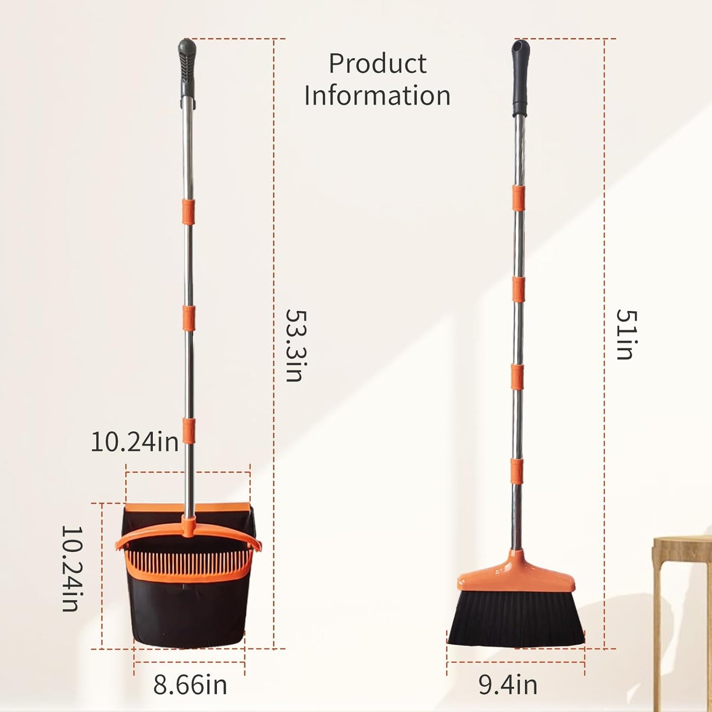 Broom with Dustpan Combo Set 54” Long Handle Household Dust Pan for Home Office Kitchen Cleaning (Black & Grey)