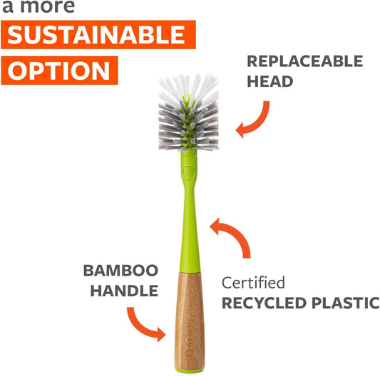 Full Circle Clean Reach - Bamboo Long Handle Bottle & Mug Brush with Replaceable Head, for Deep Cleaning Water Bottles, Baby Bottles, Glasses, and Tumblers, White