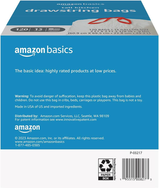 Amazon Basics Scented Trash Bags, Tall Kitchen Drawstring, Clean Fresh Scent, 13 Gallon, 200 Count, Pack of 1