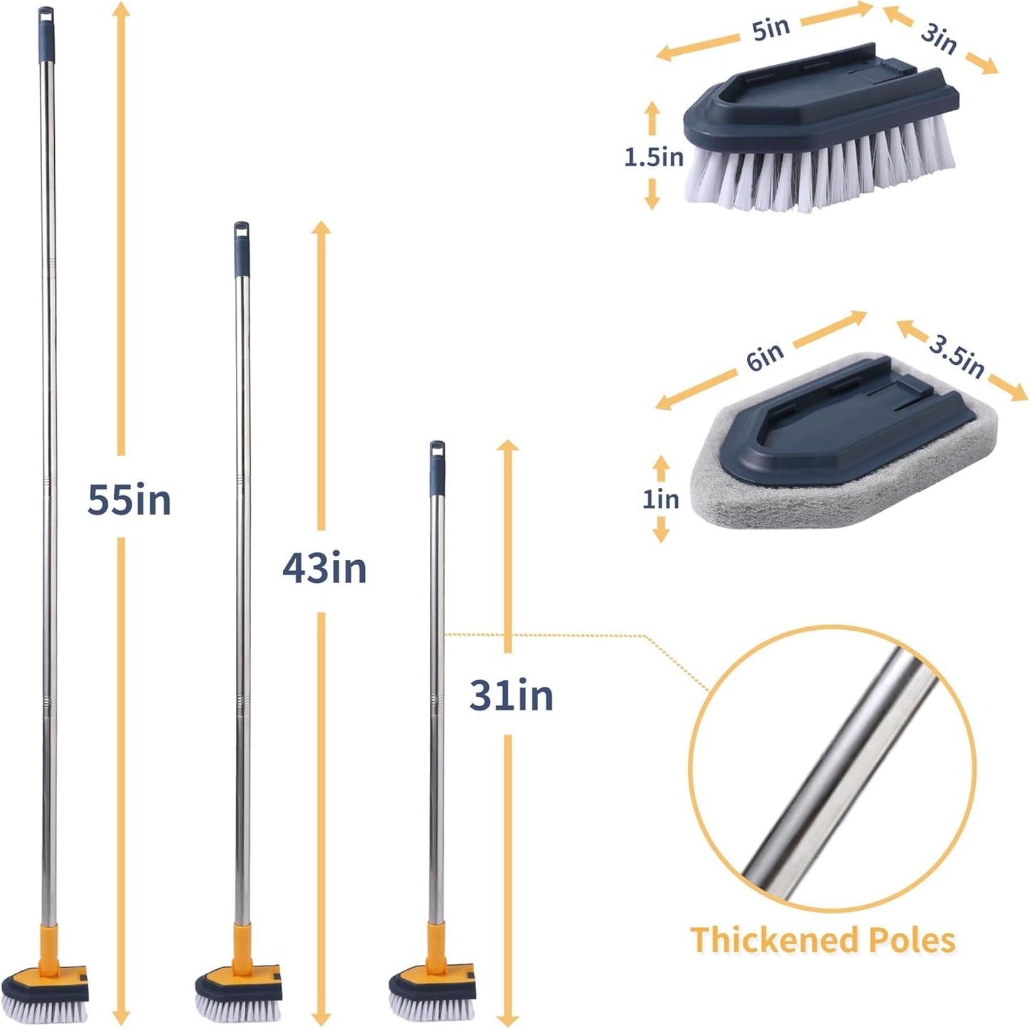 BOOMJOY Tub Scrubber with Long Handle, 58" Extendable 3 in 1 Tub Cleaner Brush with Long Handle, No Scratch Shower Cleaning Brush for Bathtub, Bathroom Ceilings, Toilet, Kitchen, Floor