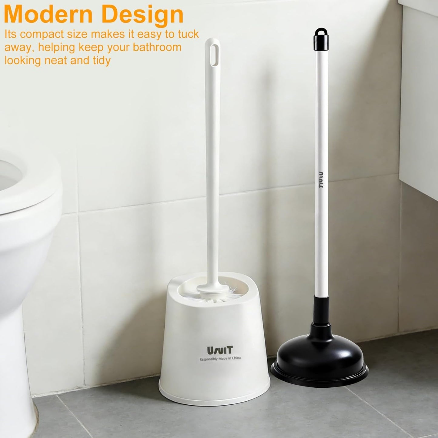 Toilet Plunger and Brush Set with Hideaway Holder – Heavy Duty Bathroom Cleaning Tools – Compact Toilet Bowl Cleaner & Plunger Combo for Modern Home Decor