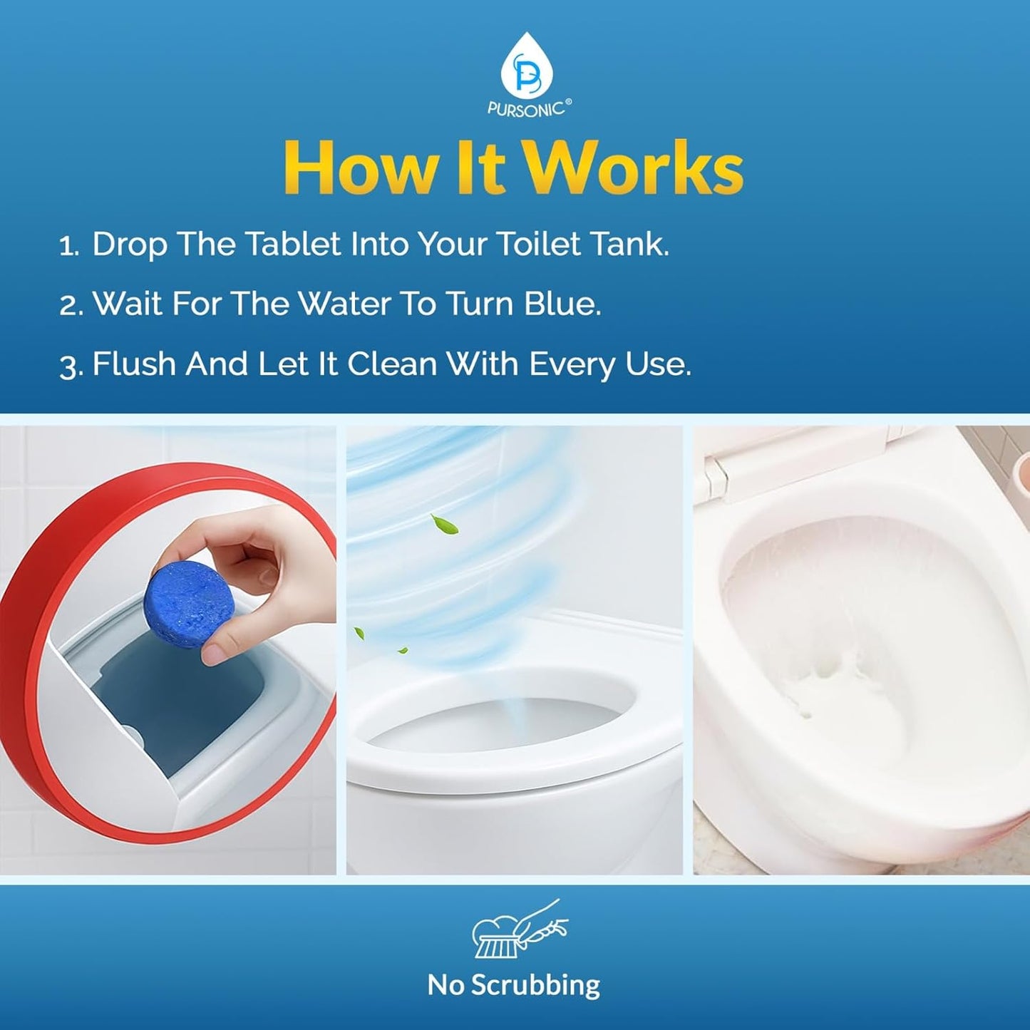 Pursonic Automatic Toilet Bowl Cleaner 48 Tablets 4 Year Supply - Blue Gel Toilet Tank Cleaners, Long-Lasting - Septic-Safe Hard Water Ring Stain Remover, Smell Eliminator Deodorizer, Fresh Scent