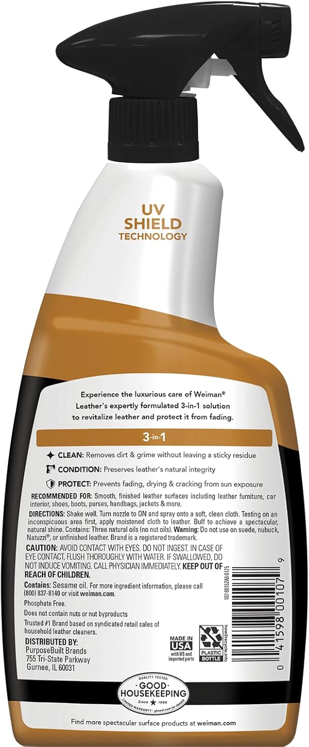 Weiman Leather Cleaner & Conditioner - Cleans, Restores & Protects Leather, UV Protection Prevent Cracking & Fading, For Car Seats, Sofas, Shoes, Bags & All Finished Leather Surfaces, 1 Pack, 12 Fl Oz