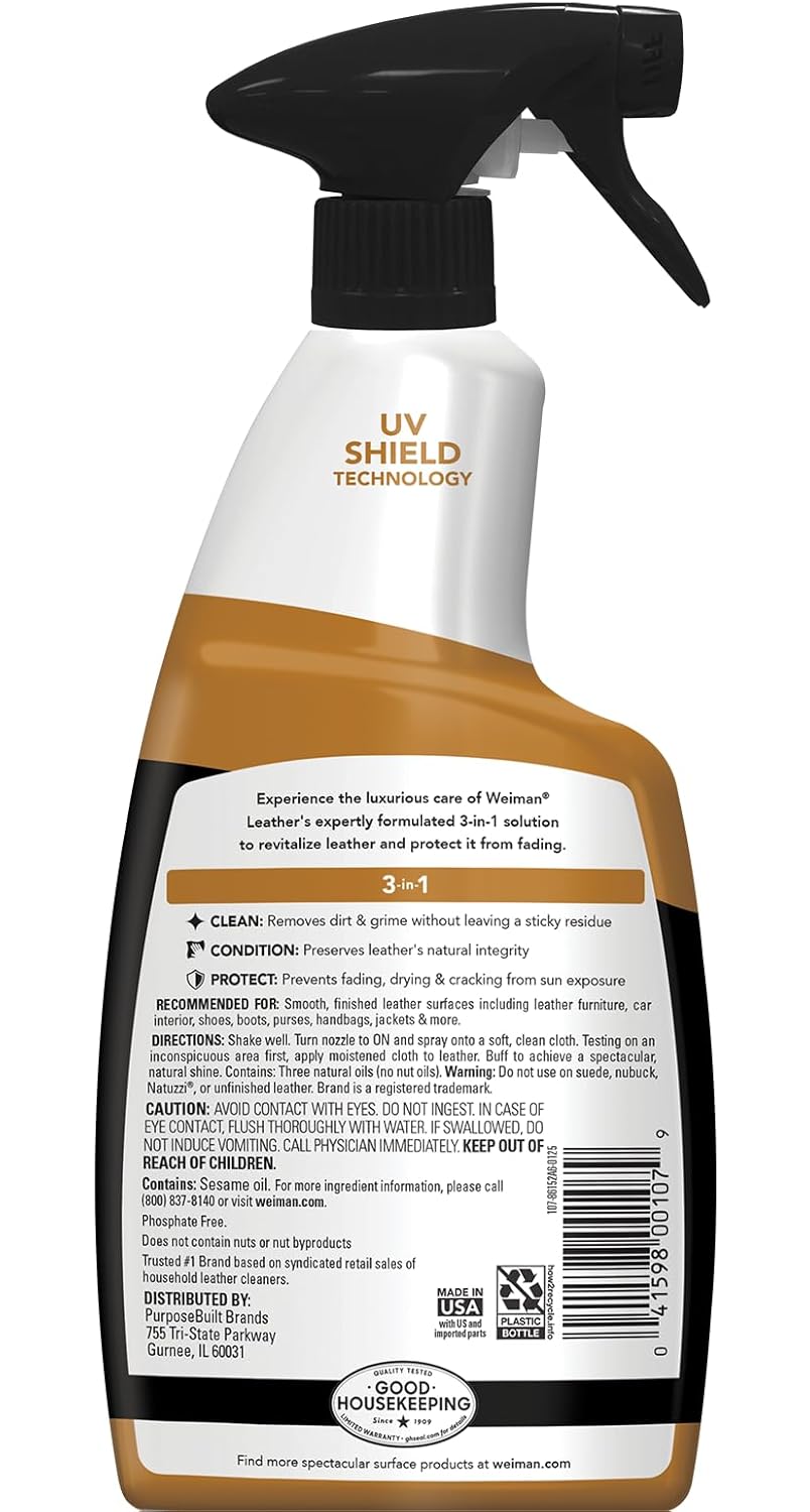 Weiman Leather Cleaner, Polish and Conditioner for Furniture, Car, Purses, Shoes, Boots and Couches- Micro Fiber Towel Included, 22oz