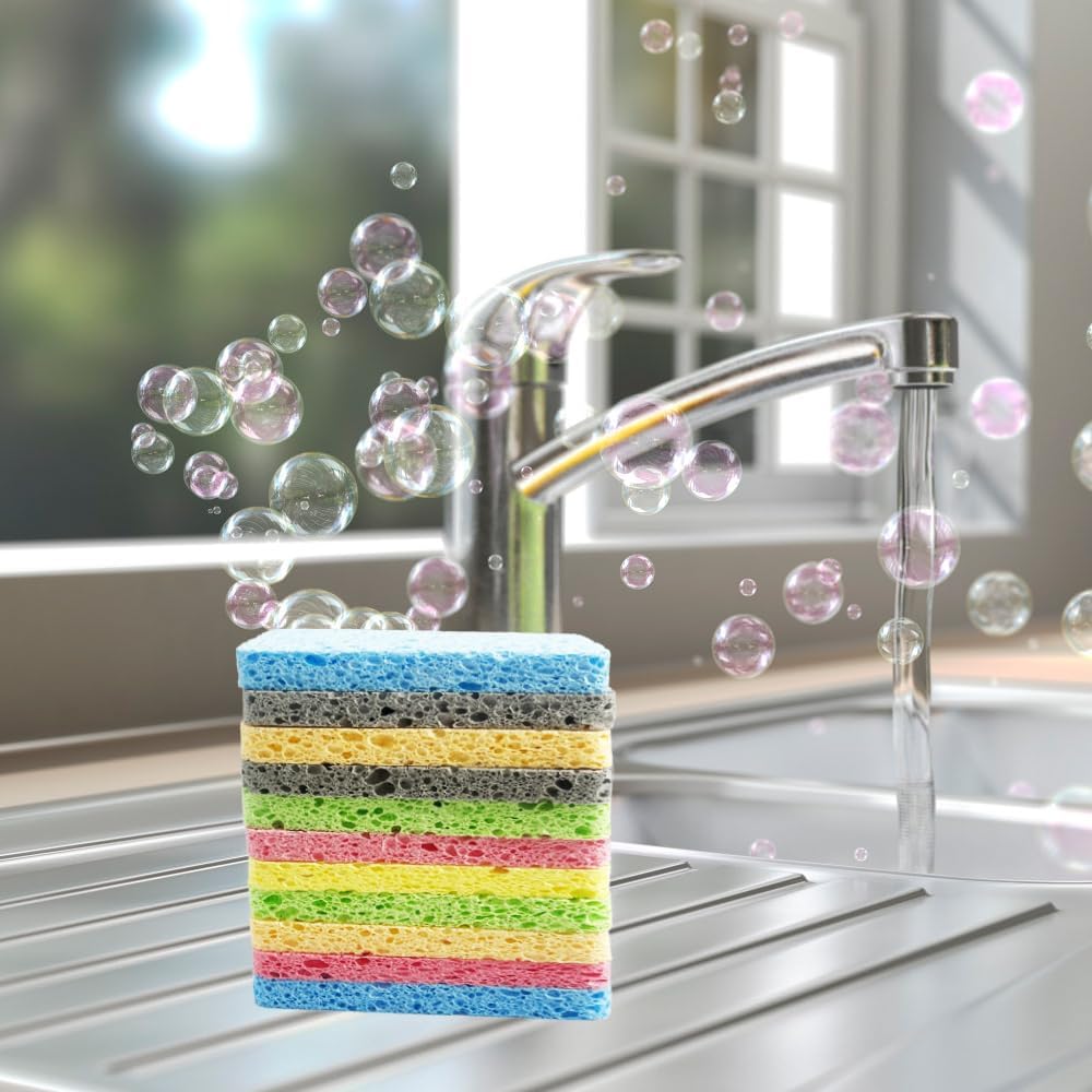 12PCS Cleaning Sponge,2.5X4.0 inches, Kitchen DishSponge, Cleaning Scrub Color Sponge, Biodegradable Natural Sponge, Non-Scratch Kitchen Cellulose Dishwashing.