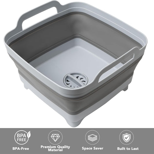 2 Pack Dishpan for Washing Dishes, 2.4Gal/9L Wash Basin with Draining Plug Carry Handles, Collapsible Bucket for Cleaning, Portable Sink, Foldable Plastic Tub