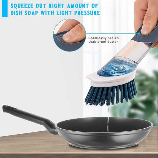 4-in-1 Dish Cleaning Brush Soap Dispensing Dish Brush Set with 4 Replacement Heads and Storage Holder, Kitchen Scrub Brush for Dish Pot Pan Sink Cleaning (Grey)