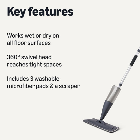 Amazon Basics Dry and Wet Floor Spray Mop, 360-Degree Swivel Spray Mop for Hardwood, Tile, Laminate, Vinyl Floor Cleaning with 16.9 oz Refillable Tank, 49-inch, 3-Pack Washable Microfiber Pads