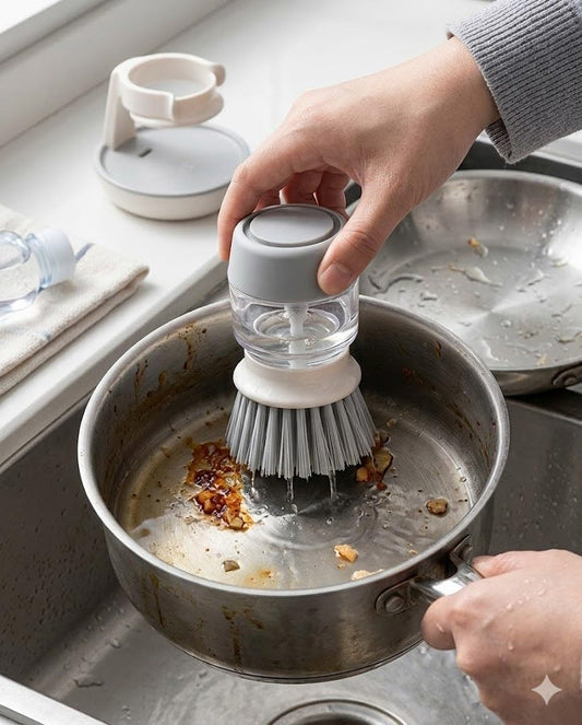Soap Dispensing Palm Brush with Storage Stand - Self-Draining Kitchen Scrub Brush Set for Dishes & Pans, Push Button Cleaning Brush with Refillable Dispenser, 3.3 x 4.9 Inches, White & Grey