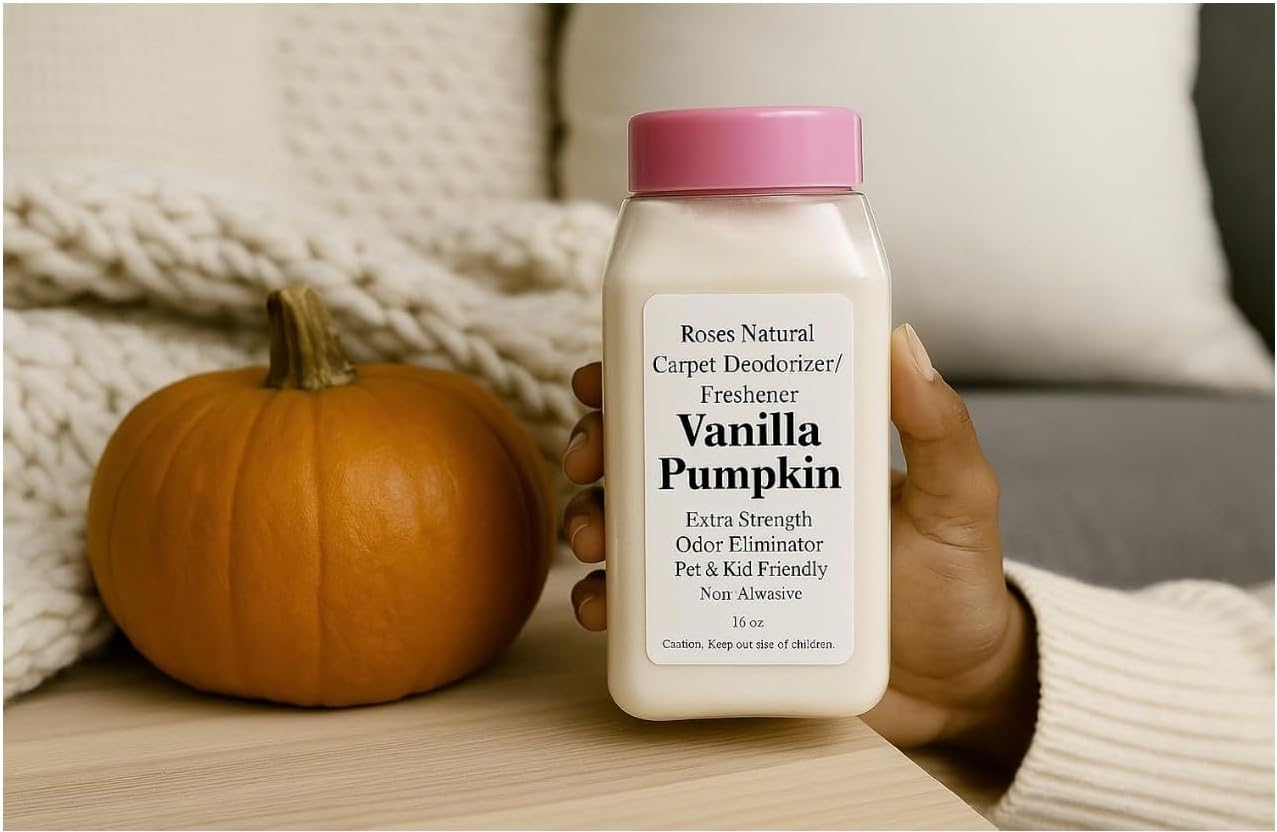 Vanilla Pumpkin Carpet Deodorizer Powder – Pet Odor Eliminator Carpet Freshener, Rugs & Upholstery, Natural Baking Soda Carpet Powder, Kid & Pet Friendly, Long Lasting Scent, 16 oz