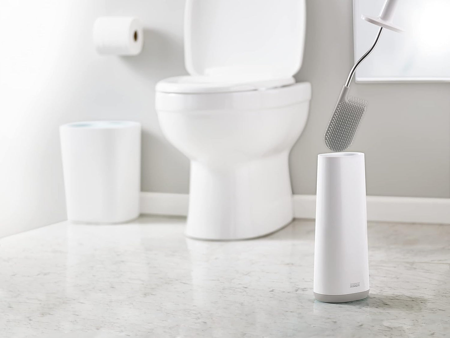Joseph Joseph Flex Hygienic Silicone Toilet Brush with Slim Holder Set, Flexible Anti-drip, Anti-Clog Deep Clean Head - Stainless Steel