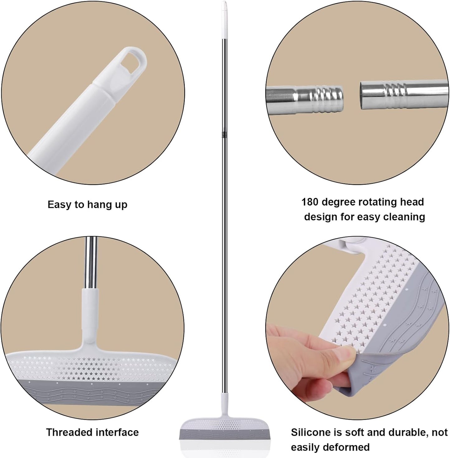 PRATIQUE 53.5-Inch White Rubber Broom Squeegee with 180 Rotating Head, Long Handle Multifunction Scraping Silicone Broom Floor Sweeper, Pet Hair Remover, Window, Mirrors, Tile Cleaning