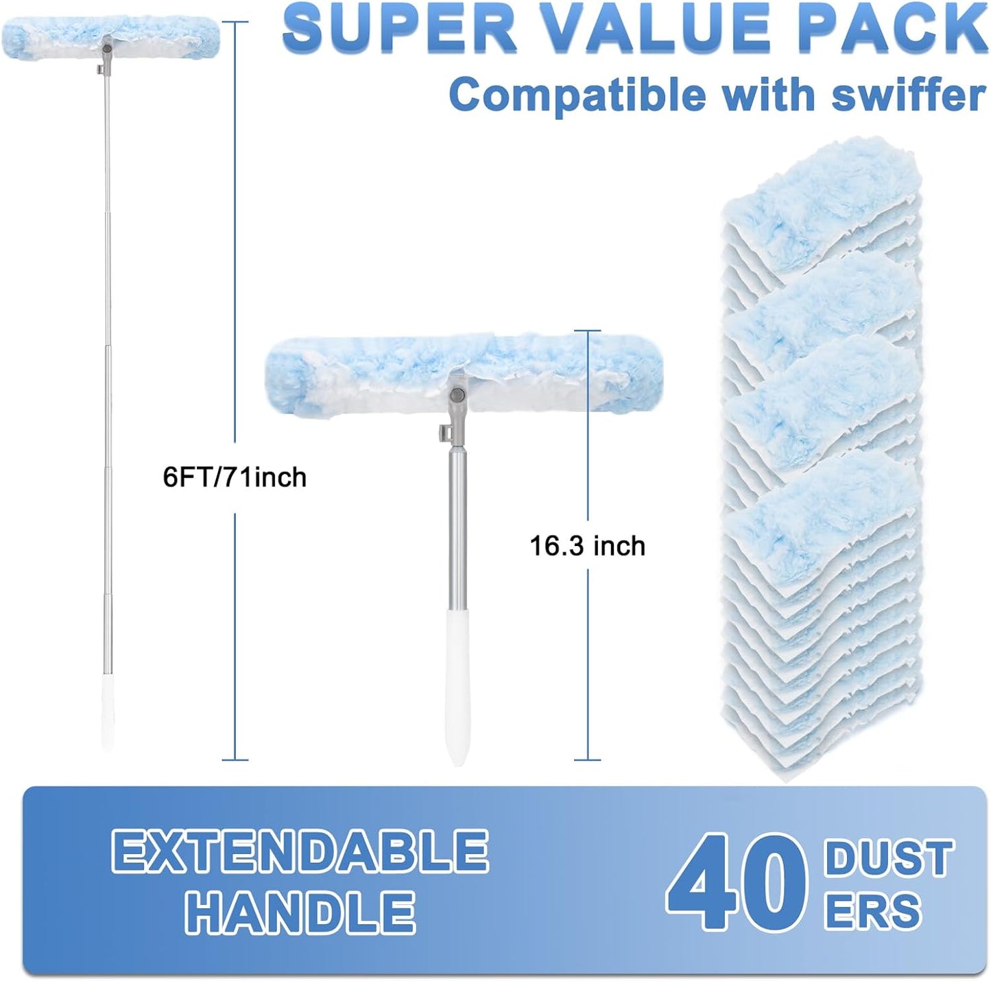 KeFanta Duster Refill Kit with 6 ft Super Extendable Handle Compatible with Swiffer, 360° Disposable Microfiber Dusting Pads for Home Cleaning, Ceiling, Fan, Window, Hard-to-Reach Areas, 20Pcs