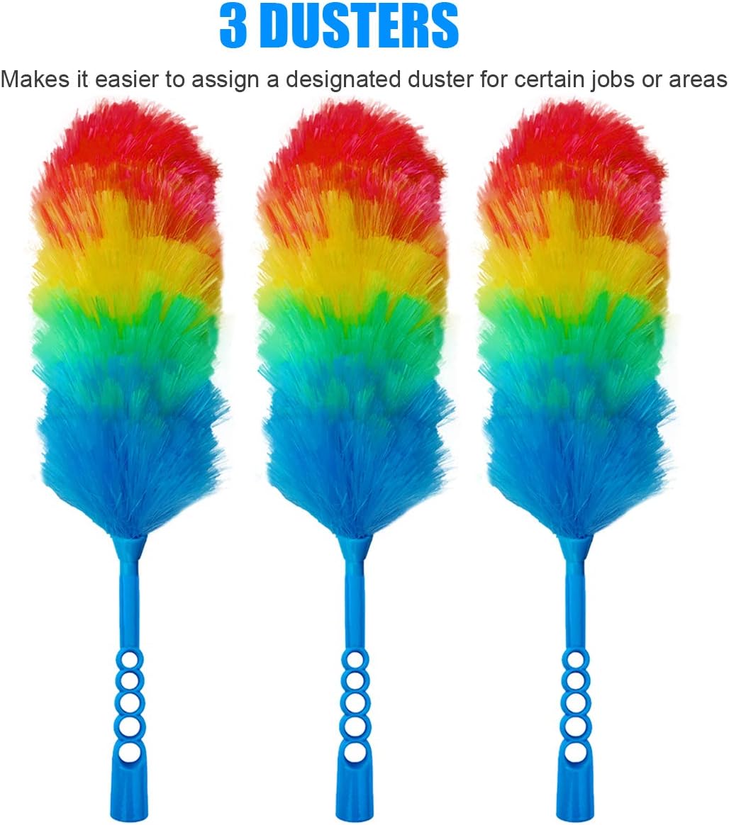 3 Pack Upgrade 19” Rainbow Static Feather Duster with Beandable and Washable Head - More Fibers Bigger Head Less Loss of Fiber