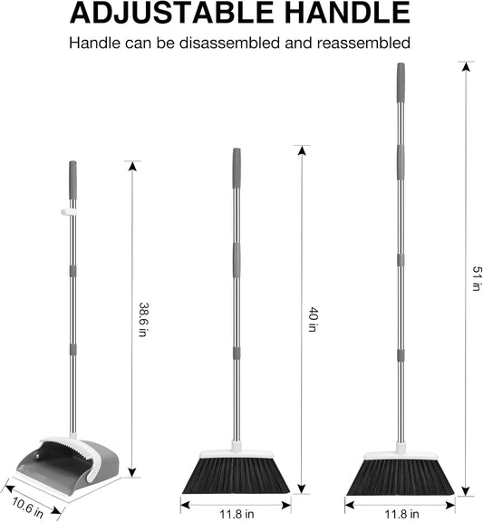 NACENA Broom and Dustpan Set, 52-in Long Adjustable Handle Broom Dustpan Combo with Dustpan Teeth to Automatically Clean Hair Suitable for Home Kitchen Office Hall Floor (Grey&White), 4 Pack
