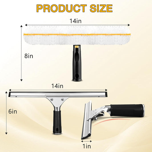 Window Cleaning Squeegee Kit- 14" Squeegee & Microfiber Rotatable Window Scrubber,All-Purpose Tile Shower Walls Window Glass Car Windshield Mirrors,Reusable Microfiber Sleeve